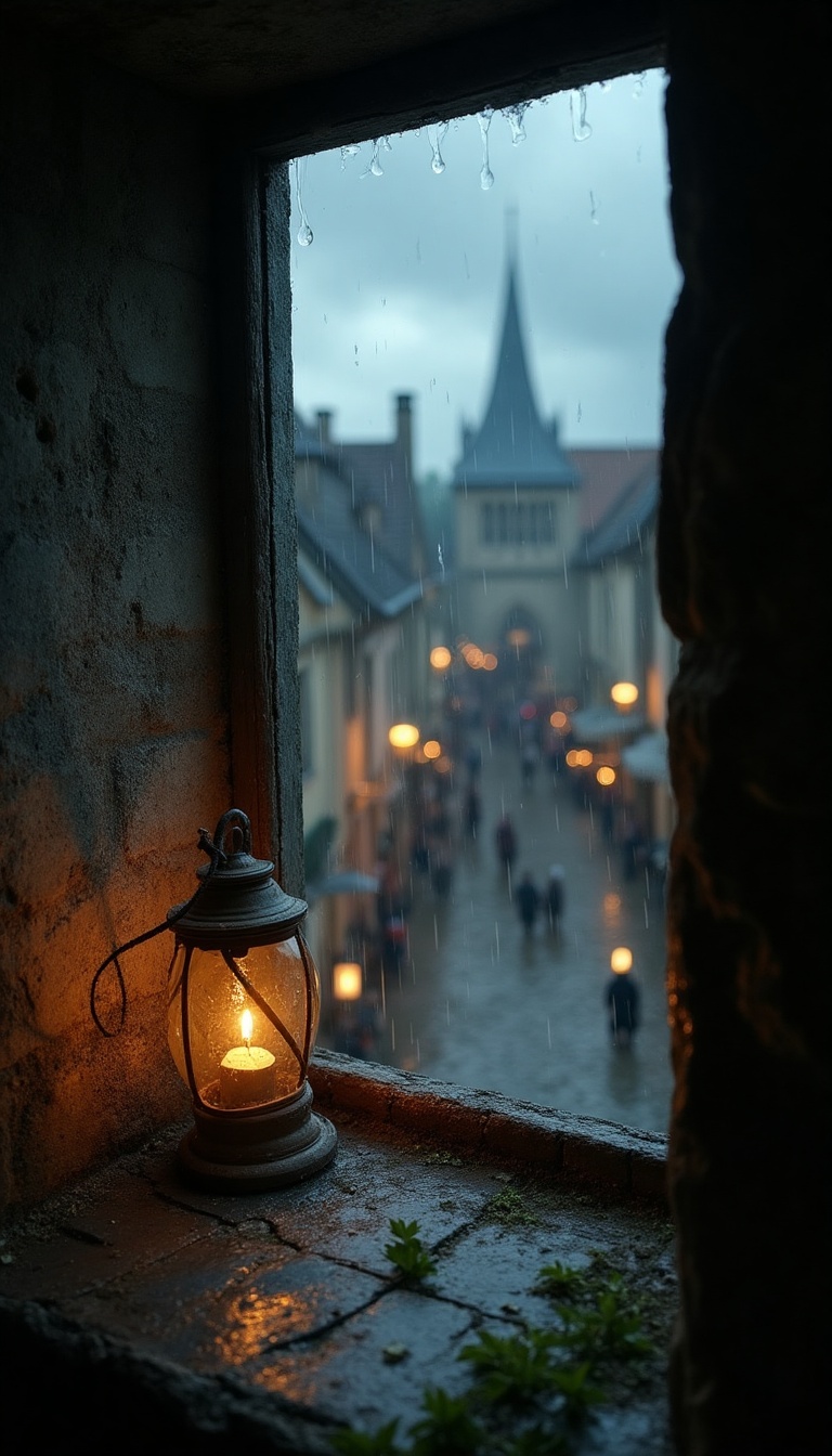 The camera focuses on a tiny square glass window set high within a quaint cottage bedroom. The view reveals a tempestuous night in Flanders, the dark clouds swirling ominously above cobblestone streets slick with moisture. Flickering lanterns illuminate the square below, revealing townsfolk milling about, their figures obscured by shadowy outlines. Raindrops run down the windowpane, distorting the view and adding a melancholic ambiance to the scene.