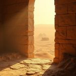 Sunlight filters through a small, circular window in a spartan sand miner's dormitory, casting patterned shadows on the rugged stone floor. Outside, the endless golden dunes of Arrakis undulate under the twin suns, their heat shimmering upwards like a living mirage. The distant silhouette of massive spice harvesting machines creeps slowly across the scorched earth, trailing long lines of spice dust in their wake, as a gentle wind sways the sparse clumps of desert brush and carries with it whispers from the distant canyons.