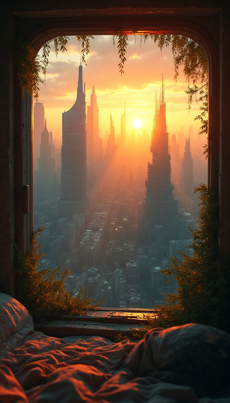 Inside a tiny bedroom, the view from a small window reveals a dystopian cityscape. Crumbling skyscrapers, overtaken by nature, rise against a vibrant, golden sky as the sun begins to set. The dense urban sprawl beneath, once teeming with life, now lies in eerie silence, with rusted hulks of vehicles scattered across cracked roads. The remnants of mega structures hint at civilization's past glory, their silhouettes softened by the low, warm light casting long shadows across the landscape.