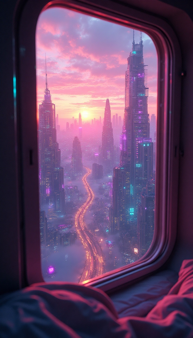 Through the tiny window of a cramped sleeping space, the vibrant floating city stretches endlessly. The sky outside is alive with hues of purple and gold, painted by the dipping sun. Hoverboards zip through the air, leaving trails of light against the dreamlike skyline. The distant hum of aerial races reverberates through the air, promising a night of excitement. Neon lights shimmer below, illuminating pathways and platforms that connect a network of floating structures.