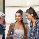 girls, young, happy, old man, talking, outdoors, building, lifestyle, people