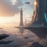 Cinematic photography of an advanced Human Type II Civilization: Stellar - Technology & Science civilization featuring grandiose technology, architecture, engineering and transportation. Gigantic starbases or modular orbital cities or vast planetary cities stretching in the horizon, formed from seamless alloys, glowing plasma conduits, and magnetic structures. Towering skyscrapers and spires with impossible geometries rise from artificial platforms or floating habitats, connected by energy bridges and translucent transit tubes. Sleek structures made from ultra-durable materials like platinum-gold alloys, titanium composites, polished graphene skins, adaptive nanomaterials, and transparent superglass — shimmering in clean tones of silver, white, obsidian black, glowing gold, or chrome, with hints of radiant blue energy and etched light patterns woven into their surfaces. Vast transit networks weave through air, land, sea, and orbit — featuring levitating mag-rail spines of brushed silver and obsidian alloys, skybound glideways of transparent graphene-glass, and interplanetary beam corridors pulsing with blue-white light; vehicles range from kilometer-long solar ferries and anti-gravity pods to silken hovercraft and living transit organisms, all finished in sleek hues of chrome, platinum white, deep violet, and luminous teal. Orbital stations encircle stars and planets like floating citadels, built from radiant alloys, dark reflective composites, and graviton-bonded trusses that shimmer in zero-g; their hulls are layered with smart shielding, transparent ferroglass domes, and fractal antennae that pulse with quantum signals; planetary bases on alien worlds rise from exotic terrain in elegant spires and low-profile domes, their surfaces grown from adaptive nano-ceramic coralstone, designed to flex with tectonics, breathe atmosphere, and harvest ambient energy. Interstellar ships glide on spacetime-warping drives housed within hulls of voidsteel, neutron-bonded titanium, and shimmering lightweave composites — vessels sculpted like fractal blades, crystalline arcs, or living sculptures, their surfaces embedded with programmable nano-alloys that ripple with colors from obsidian black to liquid chrome, starlight blue, and soft plasma gold; colossal spacetime-folding arrays anchor these vessels in transit, built from toroidal singularity coils, gravitic tension rings, and semi-organic conduits grown from tachyon-infused crystal. The spacecraft descends like a celestial blade, its seamless hull of radiant obsidian alloy and refractive graphene-glass glowing white-hot as it pierces the atmosphere, while the vessel’s skin ripples with micro-adjustments. The interstellar vessel rises from a cradle of skyborne launch towers, its colossal hull forged from iridescent titanium-gold alloy and layered obsidian composites, while plasma thrusters ignite in a soft cascade of teal and violet flame — the air ripples as spacetime bends subtly around the craft, and it ascends with cathedral-like grace. Interior spaces within these colossal structures blend artistry with post-scarcity engineering — vast halls and atriums are formed from self-healing crystal-glass, platinum-alloy latticework, and memory-reactive stone that shifts color with ambient light; walls flow with embedded light veins and kinetic murals, ceilings stretch into vaulted arcs of translucent graphene-fabric, while floor panels softly glow beneath hovering walkways; health centers are shaped like bioluminescent sanctuaries — cool silvers, pale golds, deep greens, and radiant white dominate the palette, merging technology, comfort, and sublime elegance into seamless, living environments.