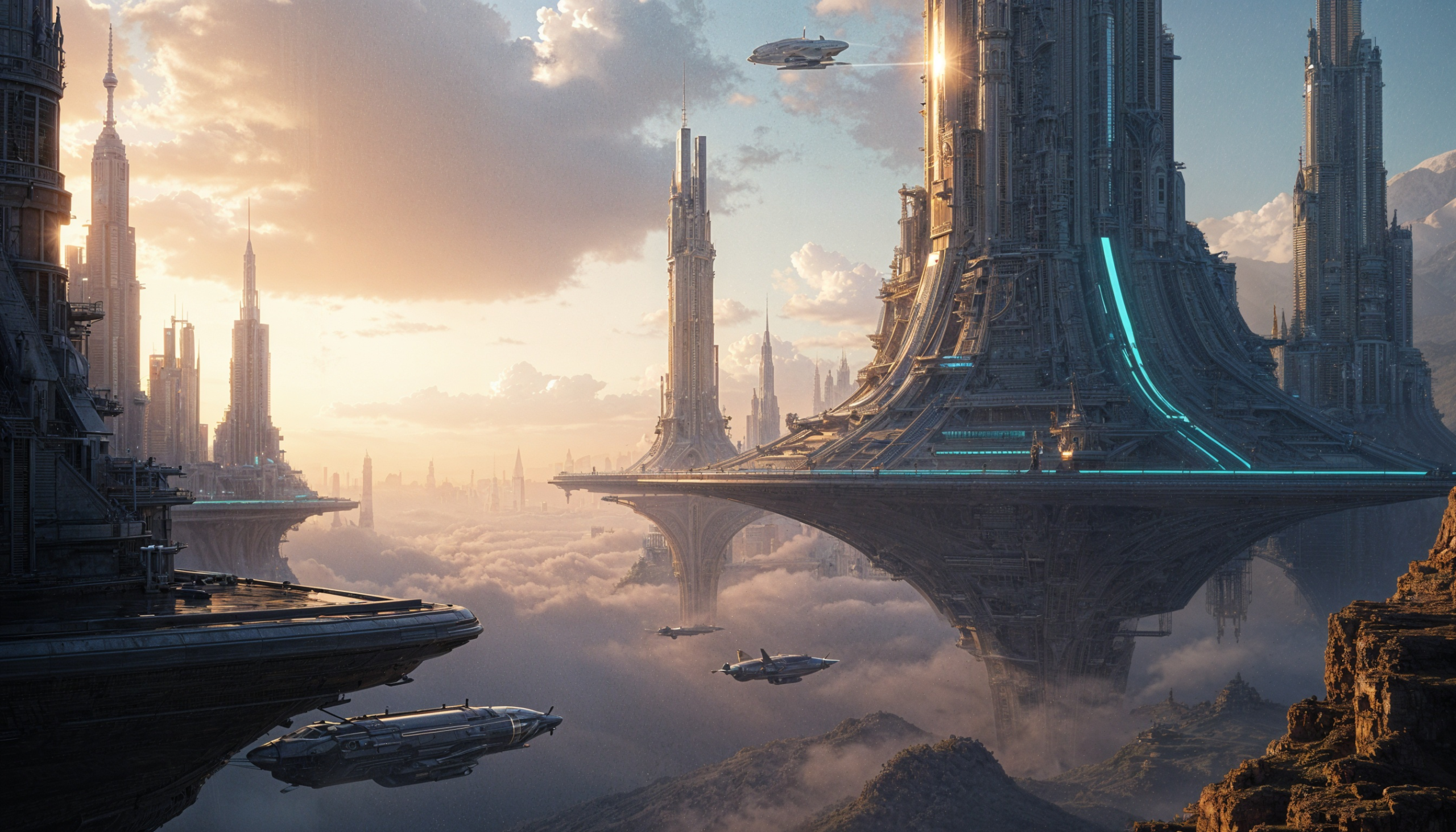 Cinematic photography of an advanced Human Type II Civilization: Stellar - Technology & Science civilization featuring grandiose technology, architecture, engineering and transportation. Gigantic starbases or modular orbital cities or vast planetary cities stretching in the horizon, formed from seamless alloys, glowing plasma conduits, and magnetic structures. Towering skyscrapers and spires with impossible geometries rise from artificial platforms or floating habitats, connected by energy bridges and translucent transit tubes. Sleek structures made from ultra-durable materials like platinum-gold alloys, titanium composites, polished graphene skins, adaptive nanomaterials, and transparent superglass — shimmering in clean tones of silver, white, obsidian black, glowing gold, or chrome, with hints of radiant blue energy and etched light patterns woven into their surfaces. Vast transit networks weave through air, land, sea, and orbit — featuring levitating mag-rail spines of brushed silver and obsidian alloys, skybound glideways of transparent graphene-glass, and interplanetary beam corridors pulsing with blue-white light; vehicles range from kilometer-long solar ferries and anti-gravity pods to silken hovercraft and living transit organisms, all finished in sleek hues of chrome, platinum white, deep violet, and luminous teal. Orbital stations encircle stars and planets like floating citadels, built from radiant alloys, dark reflective composites, and graviton-bonded trusses that shimmer in zero-g; their hulls are layered with smart shielding, transparent ferroglass domes, and fractal antennae that pulse with quantum signals; planetary bases on alien worlds rise from exotic terrain in elegant spires and low-profile domes, their surfaces grown from adaptive nano-ceramic coralstone, designed to flex with tectonics, breathe atmosphere, and harvest ambient energy. Interstellar ships glide on spacetime-warping drives housed within hulls of voidsteel, neutron-bonded titanium, and shimmering lightweave composites — vessels sculpted like fractal blades, crystalline arcs, or living sculptures, their surfaces embedded with programmable nano-alloys that ripple with colors from obsidian black to liquid chrome, starlight blue, and soft plasma gold; colossal spacetime-folding arrays anchor these vessels in transit, built from toroidal singularity coils, gravitic tension rings, and semi-organic conduits grown from tachyon-infused crystal. The spacecraft descends like a celestial blade, its seamless hull of radiant obsidian alloy and refractive graphene-glass glowing white-hot as it pierces the atmosphere, while the vessel’s skin ripples with micro-adjustments. The interstellar vessel rises from a cradle of skyborne launch towers, its colossal hull forged from iridescent titanium-gold alloy and layered obsidian composites, while plasma thrusters ignite in a soft cascade of teal and violet flame — the air ripples as spacetime bends subtly around the craft, and it ascends with cathedral-like grace. Interior spaces within these colossal structures blend artistry with post-scarcity engineering — vast halls and atriums are formed from self-healing crystal-glass, platinum-alloy latticework, and memory-reactive stone that shifts color with ambient light; walls flow with embedded light veins and kinetic murals, ceilings stretch into vaulted arcs of translucent graphene-fabric, while floor panels softly glow beneath hovering walkways; health centers are shaped like bioluminescent sanctuaries — cool silvers, pale golds, deep greens, and radiant white dominate the palette, merging technology, comfort, and sublime elegance into seamless, living environments.