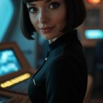 An extreme close-up reveals a Betazoid officer smirking with a playful gleam in her eyes as she leans casually against a console in a dimly lit observation lounge. Her hair is elegantly styled into a chic bob cut, revealing her delicate features highlighted by the lounge's soft ambient glow. This intimate environment captures the essence of camaraderie and flirtation amidst the backdrop of Starfleet’s polished aesthetic. She is standing facing the camera, showing her body from head to toe. Her big beautiful expressive eyes are looking straight at you. Straight-on shot. Frontal shot. Direct address or direct-to-camera shot.