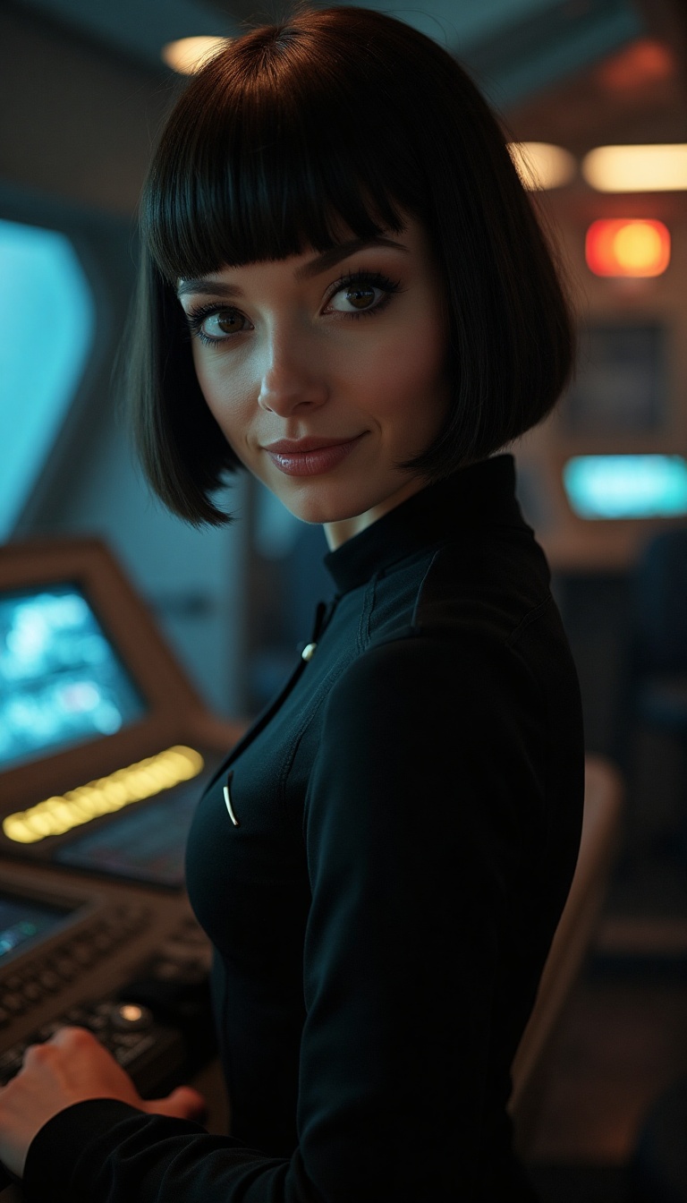 An extreme close-up reveals a Betazoid officer smirking with a playful gleam in her eyes as she leans casually against a console in a dimly lit observation lounge. Her hair is elegantly styled into a chic bob cut, revealing her delicate features highlighted by the lounge's soft ambient glow. This intimate environment captures the essence of camaraderie and flirtation amidst the backdrop of Starfleet’s polished aesthetic. She is standing facing the camera, showing her body from head to toe. Her big beautiful expressive eyes are looking straight at you. Straight-on shot. Frontal shot. Direct address or direct-to-camera shot.