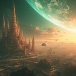 Wide shot of the sprawling Celestial Nexus, the heart of a supremely advanced Human Type III Civilization, featuring colossal megastructures orbiting a brilliant white star. Shimmering orbital stations, resembling fractal galaxies, connect gracefully with luminous filaments of energy. Below, vast planetary cities sparkle like jewels on an emerald planet, with towering spires encased in iridescent alloys reflecting vibrant sunset hues. Massive energy conduits snake through the sky, glowing softly, while serene anti-gravity vehicles glide through the air, carried along by invisible currents of energy. The scene radiates a sense of tranquil prosperity and harmony between progress and the cosmos, as the glowing horizon beckons adventure among the stars.