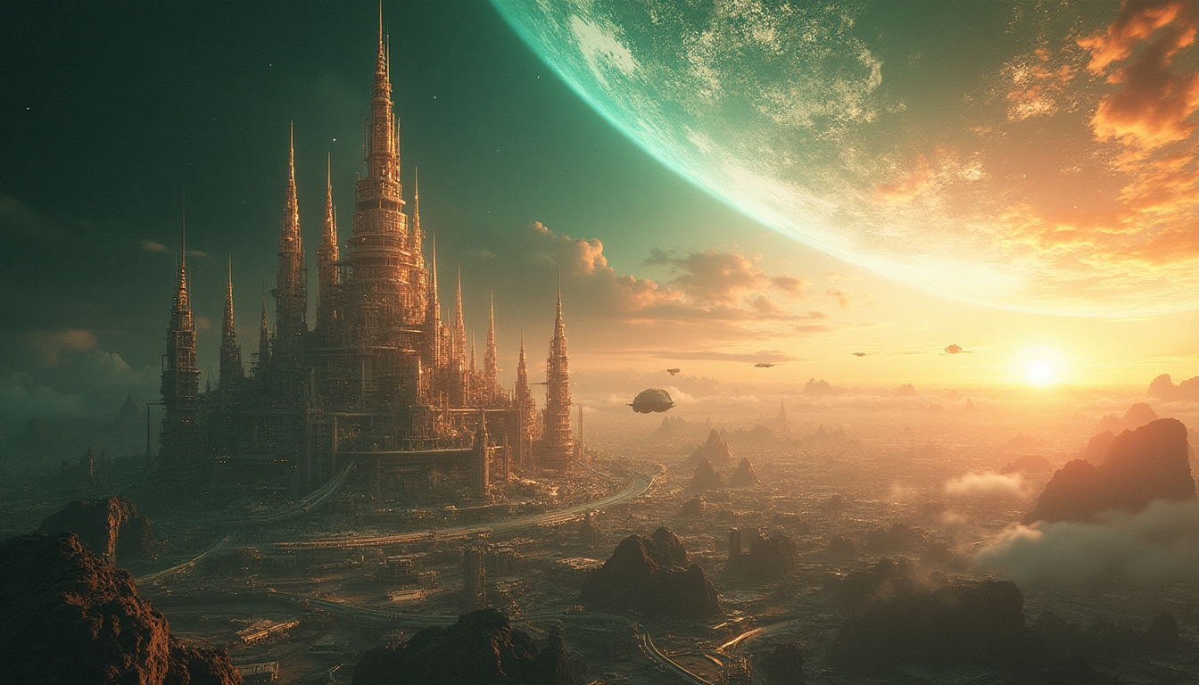 Wide shot of the sprawling Celestial Nexus, the heart of a supremely advanced Human Type III Civilization, featuring colossal megastructures orbiting a brilliant white star. Shimmering orbital stations, resembling fractal galaxies, connect gracefully with luminous filaments of energy. Below, vast planetary cities sparkle like jewels on an emerald planet, with towering spires encased in iridescent alloys reflecting vibrant sunset hues. Massive energy conduits snake through the sky, glowing softly, while serene anti-gravity vehicles glide through the air, carried along by invisible currents of energy. The scene radiates a sense of tranquil prosperity and harmony between progress and the cosmos, as the glowing horizon beckons adventure among the stars.