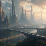 Cinematic photography of an advanced AlienType IV Civilization: Universal - Architecture & Infrastructure civilization featuring grandiose technology, architecture, engineering and transportation. Gigantic starbases or modular orbital cities or vast planetary cities stretching in the horizon, formed from seamless alloys, glowing plasma conduits, and magnetic structures. Towering skyscrapers and spires with impossible geometries rise from artificial platforms or floating habitats, connected by energy bridges and translucent transit tubes. Sleek structures made from ultra-durable materials like platinum-gold alloys, titanium composites, polished graphene skins, adaptive nanomaterials, and transparent superglass — shimmering in clean tones of silver, white, obsidian black, glowing gold, or chrome, with hints of radiant blue energy and etched light patterns woven into their surfaces. Towering structures grown from living alloys and photosynthetic crystal-glass rise seamlessly from emerald forests and mirrorlike lakes, their surfaces woven with bioluminescent gold veins, iridescent nano-ceramics, and adaptive platinum-white membranes — a civilization where architecture breathes, rivers carry light and data, and nature and machine exist in perfect, luminous harmony of greens, silvers, glowing teals, and soft organic golds. Vast transit networks weave through air, land, sea, and orbit — featuring levitating mag-rail spines of brushed silver and obsidian alloys, skybound glideways of transparent graphene-glass, and interplanetary beam corridors pulsing with blue-white light; vehicles range from kilometer-long solar ferries and anti-gravity pods to silken hovercraft and living transit organisms, all finished in sleek hues of chrome, platinum white, deep violet, and luminous teal — each one silent, seamless, and in perfect sync with the living infrastructure around them. Orbital stations encircle stars and planets like floating citadels, built from radiant alloys, dark reflective composites, and graviton-bonded trusses that shimmer in zero-g; their hulls are layered with smart shielding, transparent ferroglass domes, and fractal antennae that pulse with quantum signals; planetary bases on alien worlds rise from exotic terrain in elegant spires and low-profile domes, their surfaces grown from adaptive nano-ceramic coralstone, designed to flex with tectonics, breathe atmosphere, and harvest ambient energy — architecture that fuses form and function, glowing with soft gradients of silver, crystalline white, deep sapphire, and spectral violet beneath twin suns or shimmering gas giant skies. Interstellar ships glide on spacetime-warping drives housed within hulls of voidsteel, neutron-bonded titanium, and shimmering lightweave composites — vessels sculpted like fractal blades, crystalline arcs, or living sculptures, their surfaces embedded with programmable nano-alloys that ripple with colors from obsidian black to liquid chrome, starlight blue, and soft plasma gold; colossal spacetime-folding arrays anchor these vessels in transit, built from toroidal singularity coils, gravitic tension rings, and semi-organic conduits grown from tachyon-infused crystal — engineering so advanced it blurs the boundary between architecture and geometry, surrounded by auroral distortions and glowing filaments of light that stretch through folded dimensions like cosmic thread. The spacecraft descends like a celestial blade, its seamless hull of radiant obsidian alloy and refractive graphene-glass glowing white-hot as it pierces the atmosphere, layered heat shields blooming with controlled plasma arcs in hues of violet, sapphire, and molten gold; ionized contrails spiral behind it in symmetrical vortices, guided by gravitic fins and adaptive airform geometry, while the vessel’s skin ripples with micro-adjustments — alive with intelligence, bending airflow and light as it glides toward the surface in perfect, godlike precision. The interstellar vessel rises from a cradle of skyborne launch towers, its colossal hull forged from iridescent titanium-gold alloy and layered obsidian composites, shimmering with blue fusion veins and shifting telemetry glyphs; as magnetic anchors release, anti-gravity fields bloom beneath it in concentric rings of pulsing white light, parting clouds in silence while plasma thrusters ignite in a soft cascade of teal and violet flame — the air ripples as spacetime bends subtly around the craft, and it ascends with cathedral-like grace, trailing light like a god leaving the world behind. Interior spaces within these colossal structures blend artistry with post-scarcity engineering — vast halls and atriums are formed from self-healing crystal-glass, platinum-alloy latticework, and memory-reactive stone that shifts color with ambient light; walls flow with embedded light veins and kinetic murals, ceilings stretch into vaulted arcs of translucent graphene-fabric, while floor panels of polished obsidian or liquid metal softly glow beneath hovering walkways; universities and research spires are adorned with fractal geometry and acoustic symmetry, malls pulse with ambient harmonic tones and shifting architectural holograms, and health centers are shaped like bioluminescent sanctuaries — cool silvers, pale golds, deep greens, and radiant white dominate the palette, merging technology, comfort, and sublime elegance into seamless, living environments. The interior of the city-sized hospital unfolds like a cathedral of light and intelligence — a seamless fusion of bio-engineering and architecture. Towering atriums stretch hundreds of meters high, enclosed in softly glowing ferroglass walls that shift opacity with the sun, bathing each floor in ambient silver-blue light. Walkways hover gently above flowing streams of liquid nanogel — conduits for both healing agents and data — while translucent lift-pods glide silently along vertical transit spires wrapped in ivy-like medical tendrils. The walls are embedded with responsive matter: living panels that pulse with holographic diagnostics, neural readouts, and patient environmental controls. Treatment halls resemble sanctuaries, their vaulted ceilings shaped from memory-alloy arches and woven graphene silk that diffuses sound and light to soothe the senses. Everywhere, soft tones of platinum, pearl, moss green, and muted gold give a sense of tranquility and high function — a place not of sickness, but of optimized restoration, where medicine, architecture, and atmosphere exist in total harmonic equilibrium. The interior of the orbital mall spans kilometers in every direction, a precision-engineered environment of polished alloys, illuminated corridors, and modular symmetry. Walls of brushed titanium and dark chrome are inlaid with glowing data veins and shifting holographic panels that display interactive wayfinding, atmospheric art, and commerce feeds in real time. Walkways are suspended on invisible grav-fields, edged with translucent safety barriers made from reinforced graphene glass that subtly shifts between smoky gray, cobalt, and pale cyan. Retail pavilions are angular and geometric, built from adaptive nano-alloys and electro-reactive surfaces that alter texture and color — matte black one moment, mirror-silver or deep violet the next. Overhead, the vaulted ceilings pulse with embedded light grids and variable-spectrum panels that cast clean, programmable hues: electric blue, crimson accents, luminous amber, and gold-white radiance. Ambient drones hum softly above, delivering items in silent formation, while kinetic escalators and levitating transport belts glide between levels with mechanical precision. The air is cool and filtered, carrying the faint scent of sterilized metal and ozone — not organic, but perfectly clean, efficient, and alive with artificial elegance. Vast civic plazas stretch for kilometers, paved with smartstone panels that glow faintly beneath each step, dynamically displaying transit maps, civic updates, or calming patterns in response to crowd flow. Towering residential structures rise on all sides — angular, monolithic arcologies constructed from reflective platinum-steel composites, streaked with ambient light channels that shift between cool jade, amber white, and deep violet at dusk. Each tower is a self-sustaining habitat, wrapped in atmospheric filtration membranes and lined with energy-harvesting fins that double as aesthetic motifs. Suspended gardens and modular terraces fold outward from upper levels like mechanical petals, offering private greenery beneath transparent sky domes. Below, mag-lev commuter grids glide silently through subterranean lanes, while elevated transit spines — sleek ribbons of graphene-reinforced alloy — weave above in fluid arcs, linking hubs, towers, and orbital lifts with precise synchronicity. Public infrastructure is integrated and seamless: drone hubs embedded in walkways, adaptive lighting that calibrates to solar cycles, and environmental regulators disguised as sculptural installations. The color palette blends urban clarity with futurist expression — gleaming silver, brushed gunmetal, muted sapphire, and metallic bronze, accented by the soft white glow of data streams threading through every structure like a city-wide nervous system. Energy is drawn from the heart of stars through orbiting fusion spires and antimatter reactors forged from neutron-laced alloys and encased in graviton-stabilized shells; titanic containment rings channel solar plasma into quantum furnaces, while antimatter is synthesized in vacuum-sealed crucibles lined with photon cages — all glowing with blinding streams of violet, gold, and ultraviolet light, as rivers of pure energy flow through superconductive conduits of liquid crystal and dark matter composites to power entire worlds and megastructures in silence. The engine room of the galactic spaceline carrier is a cathedral of propulsion — a chamber miles wide and layered in concentric rings of rotating plasma conduits, gravity stabilizers, and antimatter fusion spirals suspended within vast magnetic fields. The central core, a luminous sphere of controlled singularity energy, floats above a containment cradle forged from phase-shifted neutronium and interwoven with carbon-sapphire scaffolding, glowing with cascading waves of ultraviolet, indigo, and deep vermilion. Arcs of energy leap silently between superconductor arches the size of towers, each etched with nano-channel glyphs that pulse like veins. The chamber walls are constructed from brushed obsidian-steel and prismatic alloy plating, alive with thermal diffusion patterns and real-time telemetry—moving like living skin. Maintenance platforms glide along anti-grav tracks, while diagnostic drones shimmer across the air like flocks of light. The ambient light is low and electric, dominated by hues of violet flame, star-blue pulses, and molten gold glare from the reaction chambers