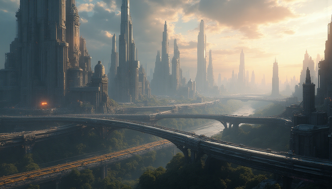 Cinematic photography of an advanced AlienType IV Civilization: Universal - Architecture & Infrastructure civilization featuring grandiose technology, architecture, engineering and transportation. Gigantic starbases or modular orbital cities or vast planetary cities stretching in the horizon, formed from seamless alloys, glowing plasma conduits, and magnetic structures. Towering skyscrapers and spires with impossible geometries rise from artificial platforms or floating habitats, connected by energy bridges and translucent transit tubes. Sleek structures made from ultra-durable materials like platinum-gold alloys, titanium composites, polished graphene skins, adaptive nanomaterials, and transparent superglass — shimmering in clean tones of silver, white, obsidian black, glowing gold, or chrome, with hints of radiant blue energy and etched light patterns woven into their surfaces. Towering structures grown from living alloys and photosynthetic crystal-glass rise seamlessly from emerald forests and mirrorlike lakes, their surfaces woven with bioluminescent gold veins, iridescent nano-ceramics, and adaptive platinum-white membranes — a civilization where architecture breathes, rivers carry light and data, and nature and machine exist in perfect, luminous harmony of greens, silvers, glowing teals, and soft organic golds. Vast transit networks weave through air, land, sea, and orbit — featuring levitating mag-rail spines of brushed silver and obsidian alloys, skybound glideways of transparent graphene-glass, and interplanetary beam corridors pulsing with blue-white light; vehicles range from kilometer-long solar ferries and anti-gravity pods to silken hovercraft and living transit organisms, all finished in sleek hues of chrome, platinum white, deep violet, and luminous teal — each one silent, seamless, and in perfect sync with the living infrastructure around them. Orbital stations encircle stars and planets like floating citadels, built from radiant alloys, dark reflective composites, and graviton-bonded trusses that shimmer in zero-g; their hulls are layered with smart shielding, transparent ferroglass domes, and fractal antennae that pulse with quantum signals; planetary bases on alien worlds rise from exotic terrain in elegant spires and low-profile domes, their surfaces grown from adaptive nano-ceramic coralstone, designed to flex with tectonics, breathe atmosphere, and harvest ambient energy — architecture that fuses form and function, glowing with soft gradients of silver, crystalline white, deep sapphire, and spectral violet beneath twin suns or shimmering gas giant skies. Interstellar ships glide on spacetime-warping drives housed within hulls of voidsteel, neutron-bonded titanium, and shimmering lightweave composites — vessels sculpted like fractal blades, crystalline arcs, or living sculptures, their surfaces embedded with programmable nano-alloys that ripple with colors from obsidian black to liquid chrome, starlight blue, and soft plasma gold; colossal spacetime-folding arrays anchor these vessels in transit, built from toroidal singularity coils, gravitic tension rings, and semi-organic conduits grown from tachyon-infused crystal — engineering so advanced it blurs the boundary between architecture and geometry, surrounded by auroral distortions and glowing filaments of light that stretch through folded dimensions like cosmic thread. The spacecraft descends like a celestial blade, its seamless hull of radiant obsidian alloy and refractive graphene-glass glowing white-hot as it pierces the atmosphere, layered heat shields blooming with controlled plasma arcs in hues of violet, sapphire, and molten gold; ionized contrails spiral behind it in symmetrical vortices, guided by gravitic fins and adaptive airform geometry, while the vessel’s skin ripples with micro-adjustments — alive with intelligence, bending airflow and light as it glides toward the surface in perfect, godlike precision. The interstellar vessel rises from a cradle of skyborne launch towers, its colossal hull forged from iridescent titanium-gold alloy and layered obsidian composites, shimmering with blue fusion veins and shifting telemetry glyphs; as magnetic anchors release, anti-gravity fields bloom beneath it in concentric rings of pulsing white light, parting clouds in silence while plasma thrusters ignite in a soft cascade of teal and violet flame — the air ripples as spacetime bends subtly around the craft, and it ascends with cathedral-like grace, trailing light like a god leaving the world behind. Interior spaces within these colossal structures blend artistry with post-scarcity engineering — vast halls and atriums are formed from self-healing crystal-glass, platinum-alloy latticework, and memory-reactive stone that shifts color with ambient light; walls flow with embedded light veins and kinetic murals, ceilings stretch into vaulted arcs of translucent graphene-fabric, while floor panels of polished obsidian or liquid metal softly glow beneath hovering walkways; universities and research spires are adorned with fractal geometry and acoustic symmetry, malls pulse with ambient harmonic tones and shifting architectural holograms, and health centers are shaped like bioluminescent sanctuaries — cool silvers, pale golds, deep greens, and radiant white dominate the palette, merging technology, comfort, and sublime elegance into seamless, living environments. The interior of the city-sized hospital unfolds like a cathedral of light and intelligence — a seamless fusion of bio-engineering and architecture. Towering atriums stretch hundreds of meters high, enclosed in softly glowing ferroglass walls that shift opacity with the sun, bathing each floor in ambient silver-blue light. Walkways hover gently above flowing streams of liquid nanogel — conduits for both healing agents and data — while translucent lift-pods glide silently along vertical transit spires wrapped in ivy-like medical tendrils. The walls are embedded with responsive matter: living panels that pulse with holographic diagnostics, neural readouts, and patient environmental controls. Treatment halls resemble sanctuaries, their vaulted ceilings shaped from memory-alloy arches and woven graphene silk that diffuses sound and light to soothe the senses. Everywhere, soft tones of platinum, pearl, moss green, and muted gold give a sense of tranquility and high function — a place not of sickness, but of optimized restoration, where medicine, architecture, and atmosphere exist in total harmonic equilibrium. The interior of the orbital mall spans kilometers in every direction, a precision-engineered environment of polished alloys, illuminated corridors, and modular symmetry. Walls of brushed titanium and dark chrome are inlaid with glowing data veins and shifting holographic panels that display interactive wayfinding, atmospheric art, and commerce feeds in real time. Walkways are suspended on invisible grav-fields, edged with translucent safety barriers made from reinforced graphene glass that subtly shifts between smoky gray, cobalt, and pale cyan. Retail pavilions are angular and geometric, built from adaptive nano-alloys and electro-reactive surfaces that alter texture and color — matte black one moment, mirror-silver or deep violet the next. Overhead, the vaulted ceilings pulse with embedded light grids and variable-spectrum panels that cast clean, programmable hues: electric blue, crimson accents, luminous amber, and gold-white radiance. Ambient drones hum softly above, delivering items in silent formation, while kinetic escalators and levitating transport belts glide between levels with mechanical precision. The air is cool and filtered, carrying the faint scent of sterilized metal and ozone — not organic, but perfectly clean, efficient, and alive with artificial elegance. Vast civic plazas stretch for kilometers, paved with smartstone panels that glow faintly beneath each step, dynamically displaying transit maps, civic updates, or calming patterns in response to crowd flow. Towering residential structures rise on all sides — angular, monolithic arcologies constructed from reflective platinum-steel composites, streaked with ambient light channels that shift between cool jade, amber white, and deep violet at dusk. Each tower is a self-sustaining habitat, wrapped in atmospheric filtration membranes and lined with energy-harvesting fins that double as aesthetic motifs. Suspended gardens and modular terraces fold outward from upper levels like mechanical petals, offering private greenery beneath transparent sky domes. Below, mag-lev commuter grids glide silently through subterranean lanes, while elevated transit spines — sleek ribbons of graphene-reinforced alloy — weave above in fluid arcs, linking hubs, towers, and orbital lifts with precise synchronicity. Public infrastructure is integrated and seamless: drone hubs embedded in walkways, adaptive lighting that calibrates to solar cycles, and environmental regulators disguised as sculptural installations. The color palette blends urban clarity with futurist expression — gleaming silver, brushed gunmetal, muted sapphire, and metallic bronze, accented by the soft white glow of data streams threading through every structure like a city-wide nervous system. Energy is drawn from the heart of stars through orbiting fusion spires and antimatter reactors forged from neutron-laced alloys and encased in graviton-stabilized shells; titanic containment rings channel solar plasma into quantum furnaces, while antimatter is synthesized in vacuum-sealed crucibles lined with photon cages — all glowing with blinding streams of violet, gold, and ultraviolet light, as rivers of pure energy flow through superconductive conduits of liquid crystal and dark matter composites to power entire worlds and megastructures in silence. The engine room of the galactic spaceline carrier is a cathedral of propulsion — a chamber miles wide and layered in concentric rings of rotating plasma conduits, gravity stabilizers, and antimatter fusion spirals suspended within vast magnetic fields. The central core, a luminous sphere of controlled singularity energy, floats above a containment cradle forged from phase-shifted neutronium and interwoven with carbon-sapphire scaffolding, glowing with cascading waves of ultraviolet, indigo, and deep vermilion. Arcs of energy leap silently between superconductor arches the size of towers, each etched with nano-channel glyphs that pulse like veins. The chamber walls are constructed from brushed obsidian-steel and prismatic alloy plating, alive with thermal diffusion patterns and real-time telemetry—moving like living skin. Maintenance platforms glide along anti-grav tracks, while diagnostic drones shimmer across the air like flocks of light. The ambient light is low and electric, dominated by hues of violet flame, star-blue pulses, and molten gold glare from the reaction chambers