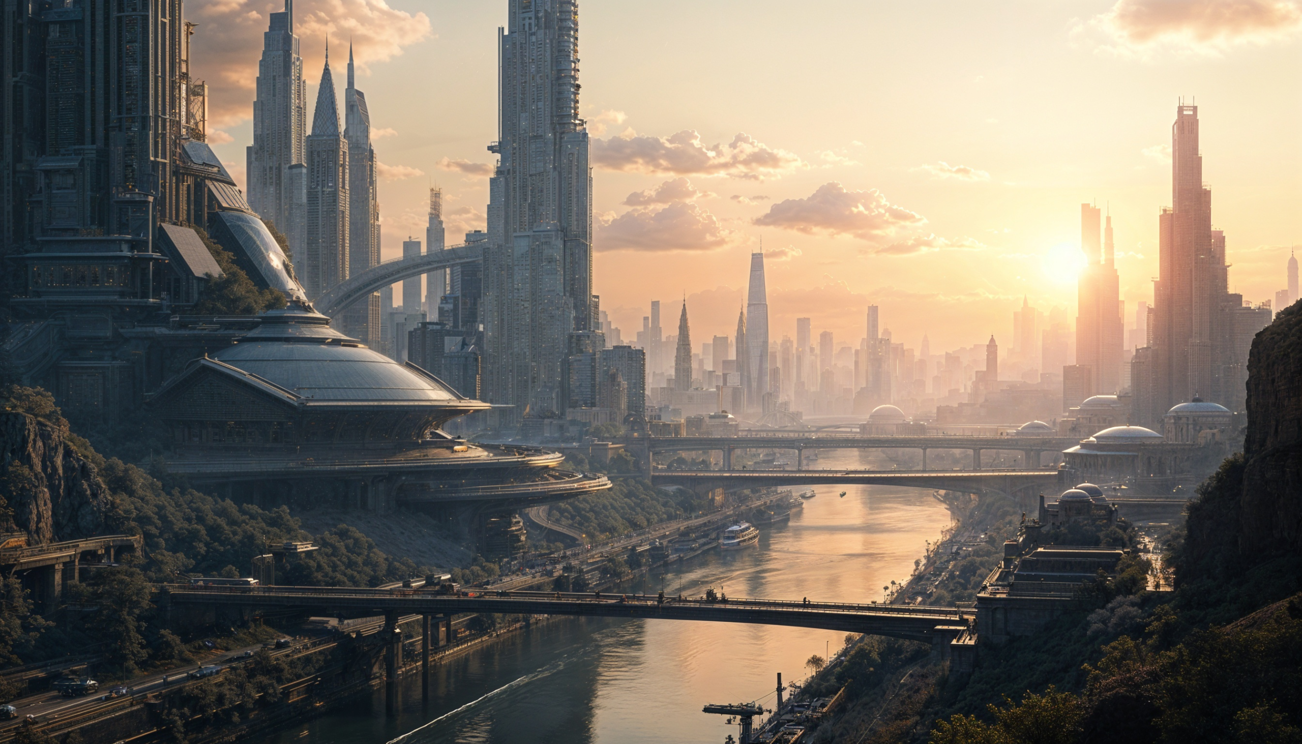 Cinematic photography of an advanced Alien Type III Civilization: Galactic - Arts & Culture civilization featuring grandiose technology, architecture, engineering, and transportation. Gigantic starbases or modular orbital cities or vast planetary cities stretching in the horizon, formed from seamless alloys, glowing plasma conduits, and magnetic structures. Towering skyscrapers and spires with impossible geometries rise from artificial platforms or floating habitats, connected by energy bridges and translucent transit tubes. Sleek structures made from ultra-durable materials like platinum-gold alloys, titanium composites, polished graphene skins, adaptive nanomaterials, and transparent superglass — shimmering in clean tones of silver, white, obsidian black, glowing gold, or chrome, with hints of radiant blue energy and etched light patterns woven into their surfaces. Vast transit networks weave through air, land, sea, and orbit — featuring levitating mag-rail spines of brushed silver and obsidian alloys, skybound glideways of transparent graphene-glass, and interplanetary beam corridors pulsing with blue-white light; vehicles range from kilometer-long solar ferries and anti-gravity pods to silken hovercraft and living transit organisms, all finished in sleek hues of chrome, platinum white, deep violet, and luminous teal — each one silent, seamless, and in perfect sync with the living infrastructure around them. Orbital stations encircle stars and planets like floating citadels, built from radiant alloys, dark reflective composites, and graviton-bonded trusses that shimmer in zero-g; their hulls are layered with smart shielding, transparent ferroglass domes, and fractal antennae that pulse with quantum signals; planetary bases on alien worlds rise from exotic terrain in elegant spires and low-profile domes, their surfaces grown from adaptive nano-ceramic coralstone, designed to flex with tectonics, breathe atmosphere, and harvest ambient energy — architecture that fuses form and function, glowing with soft gradients of silver, crystalline white, deep sapphire, and spectral violet beneath twin suns or shimmering gas giant skies. Interstellar ships glide on spacetime-warping drives housed within hulls of voidsteel, neutron-bonded titanium, and shimmering lightweave composites — vessels sculpted like fractal blades, crystalline arcs, or living sculptures, their surfaces embedded with programmable nano-alloys that ripple with colors from obsidian black to liquid chrome, starlight blue, and soft plasma gold; colossal spacetime-folding arrays anchor these vessels in transit, built from toroidal singularity coils, gravitic tension rings, and semi-organic conduits grown from tachyon-infused crystal — engineering so advanced it blurs the boundary between architecture and geometry, surrounded by auroral distortions and glowing filaments of light that stretch through folded dimensions like cosmic thread. The spacecraft descends like a celestial blade, its seamless hull of radiant obsidian alloy and refractive graphene-glass glowing white-hot as it pierces the atmosphere, layered heat shields blooming with controlled plasma arcs in hues of violet, sapphire, and molten gold; ionized contrails spiral behind it in symmetrical vortices, guided by gravitic fins and adaptive airform geometry, while the vessel’s skin ripples with micro-adjustments — alive with intelligence, bending airflow and light as it glides toward the surface in perfect, godlike precision. The interstellar vessel rises from a cradle of skyborne launch towers, its colossal hull forged from iridescent titanium-gold alloy and layered obsidian composites, shimmering with blue fusion veins and shifting telemetry glyphs; as magnetic anchors release, anti-gravity fields bloom beneath it in concentric rings of pulsing white light, parting clouds in silence while plasma thrusters ignite in a soft cascade of teal and violet flame — the air ripples as spacetime bends subtly around the craft, and it ascends with cathedral-like grace, trailing light like a god leaving the world behind. Interior spaces within these colossal structures blend artistry with post-scarcity engineering — vast halls and atriums are formed from self-healing crystal-glass, platinum-alloy latticework, and memory-reactive stone that shifts color with ambient light; walls flow with embedded light veins and kinetic murals, ceilings stretch into vaulted arcs of translucent graphene-fabric, while floor panels of polished obsidian or liquid metal softly glow beneath hovering walkways; universities and research spires are adorned with fractal geometry and acoustic symmetry, malls pulse with ambient harmonic tones and shifting architectural holograms, and health centers are shaped like bioluminescent sanctuaries — cool silvers, pale golds, deep greens, and radiant white dominate the palette, merging technology, comfort, and sublime elegance into seamless, living environments. The interior of the city-sized hospital unfolds like a cathedral of light and intelligence — a seamless fusion of bio-engineering and architecture. Towering atriums stretch hundreds of meters high, enclosed in softly glowing ferroglass walls that shift opacity with the sun, bathing each floor in ambient silver-blue light. Walkways hover gently above flowing streams of liquid nanogel — conduits for both healing agents and data — while translucent lift-pods glide silently along vertical transit spires wrapped in ivy-like medical tendrils. The walls are embedded with responsive matter: living panels that pulse with holographic diagnostics, neural readouts, and patient environmental controls. Treatment halls resemble sanctuaries, their vaulted ceilings shaped from memory-alloy arches and woven graphene silk that diffuses sound and light to soothe the senses. Everywhere, soft tones of platinum, pearl, moss green, and muted gold give a sense of tranquility and high function — a place not of sickness, but of optimized restoration, where medicine, architecture, and atmosphere exist in total harmonic equilibrium.