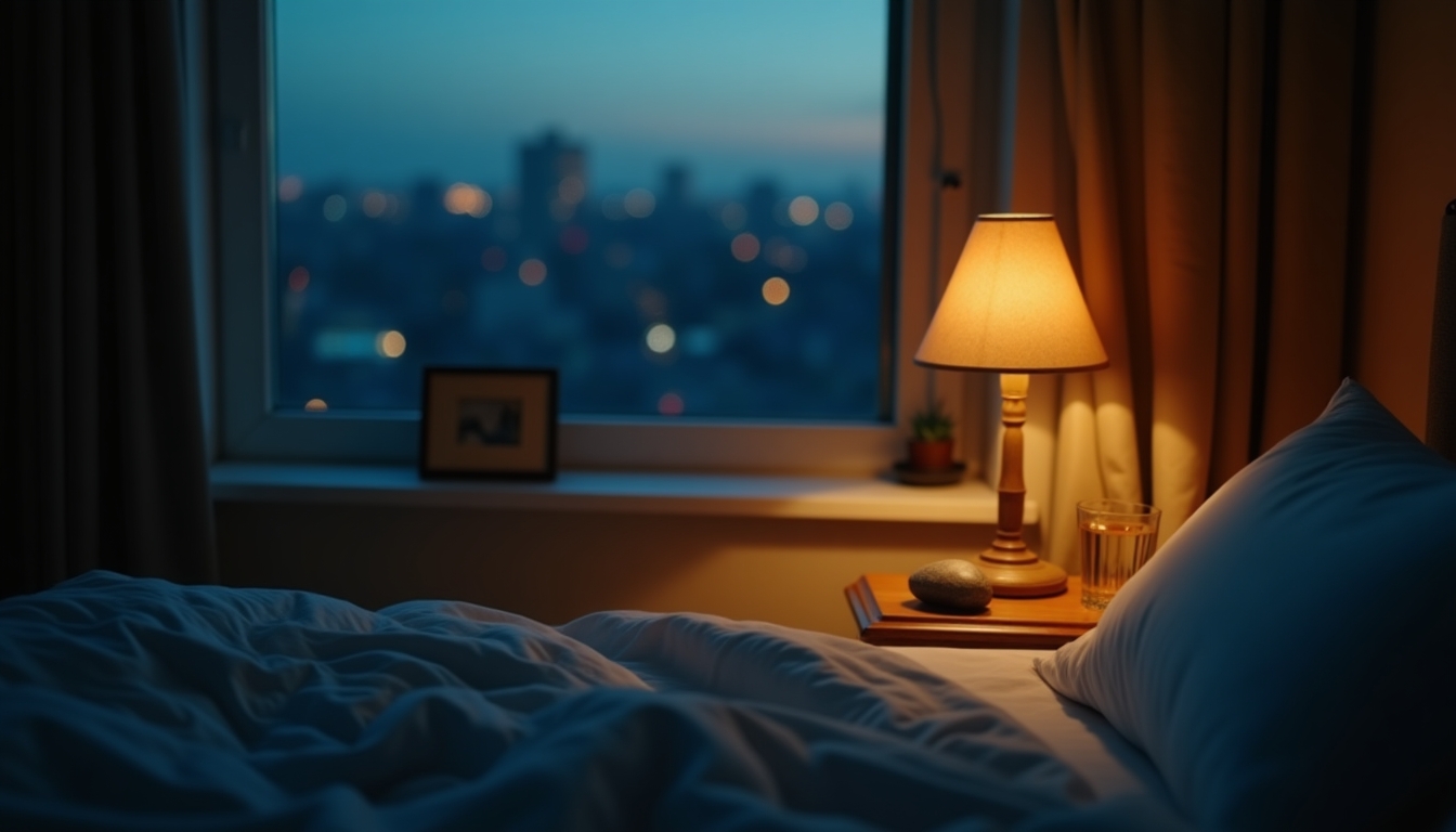 A warm bedside lamp beside an open window with distant city lights — a small pool of calm in the dark.