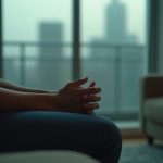 Hands clasped in a lap with soft window light and a blurred city skyline beyond — a private, tethering moment.