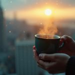Two hands holding a steaming mug by a rain-speckled window with a soft, blurred city skyline beyond — an intimate, quiet moment of warmth and pause.