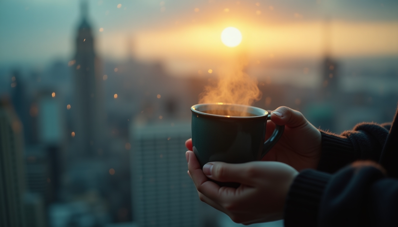 Two hands holding a steaming mug by a rain-speckled window with a soft, blurred city skyline beyond — an intimate, quiet moment of warmth and pause.