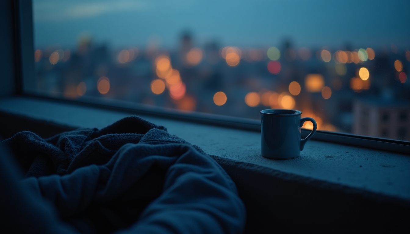 A mug on a rooftop ledge at dusk with a blurred city skyline beyond — a quiet, restless moment before sleep.