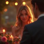 A woman in a garden with hanging lights at dusk looking at a man