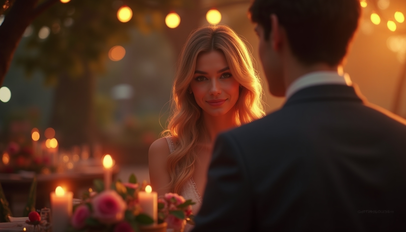 A woman in a garden with hanging lights at dusk looking at a man