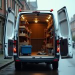 A plumber's van parked on a Leeds terrace street, back doors open showing organised tools