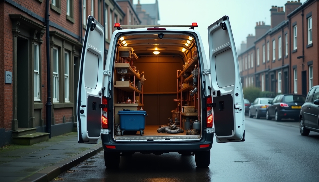 A plumber's van parked on a Leeds terrace street, back doors open showing organised tools