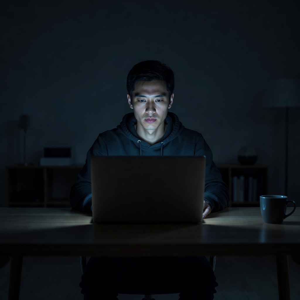 A young man at a laptop late at night, face lit by screen glow, expression distant