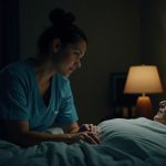 A palliative care nurse sitting at the bedside of an elderly patient at night, quiet dark room, holding a hand