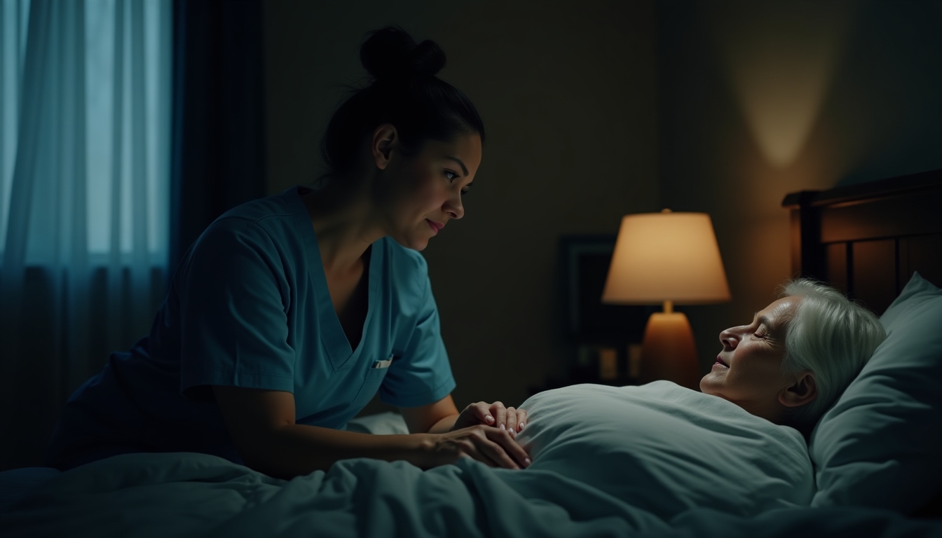 A palliative care nurse sitting at the bedside of an elderly patient at night, quiet dark room, holding a hand