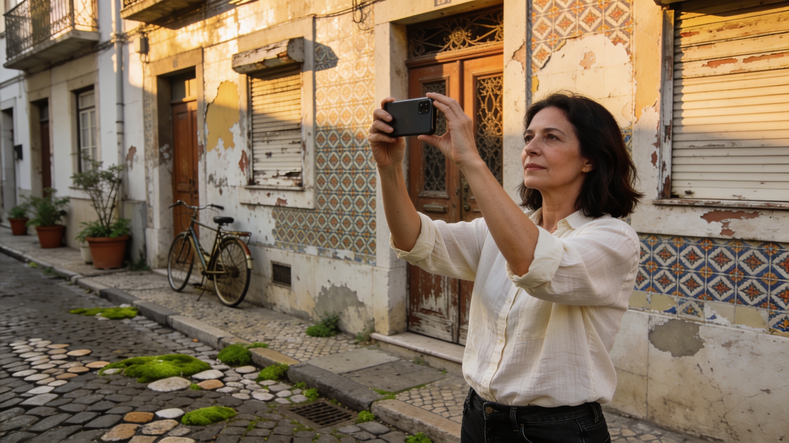 Portuguese woman holding up her smartphone to film an ornate but neglected building facade in Lisbon